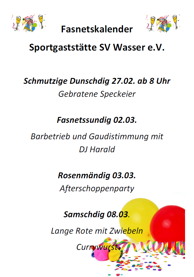 Fasnetskalender Sportgaststätte SV Wasser