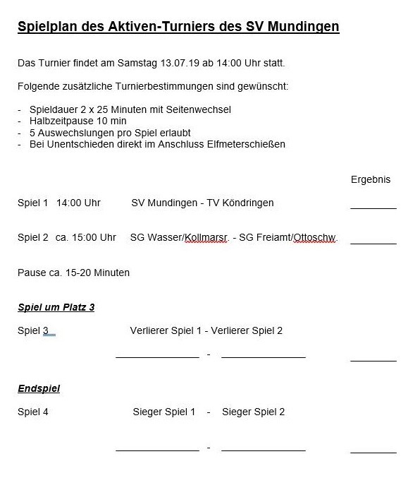 Turnierplan SV Mundingen, am 11.7.2019