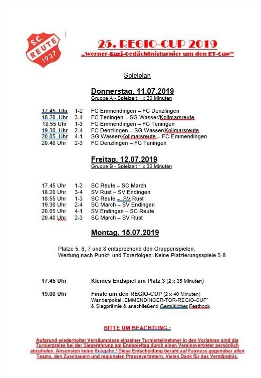 Turnierplan Regio-Cup Reute, ab Donnerstag 11.7.2019